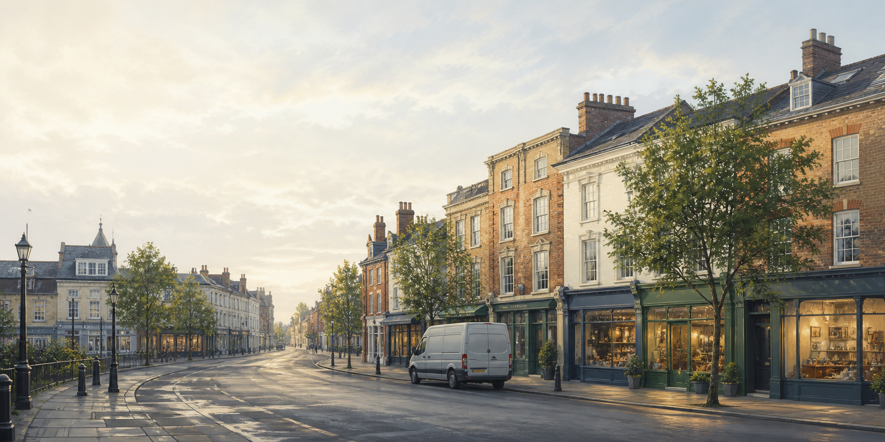 A calm British high street with independent businesses preparing for the working day